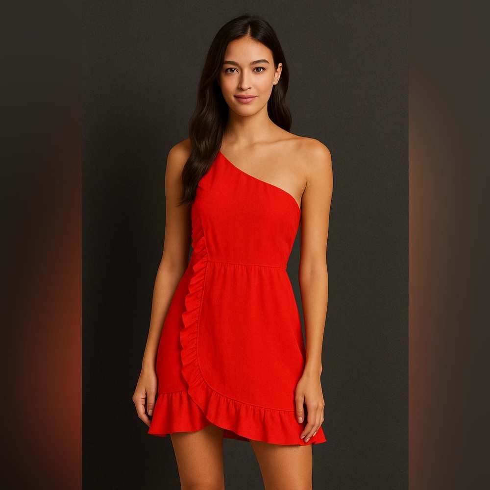 MNG Collection Red dress Asymmetric Ruffle Off the Shoulder Dress 4